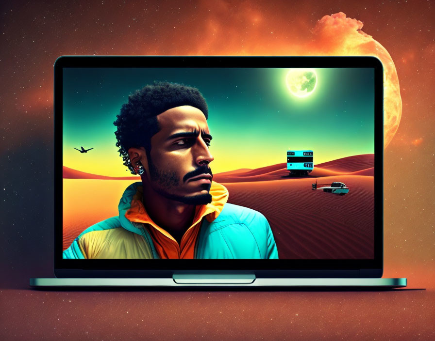 Surreal laptop screen artwork: man's profile merges with desert landscape, diner, car, birds