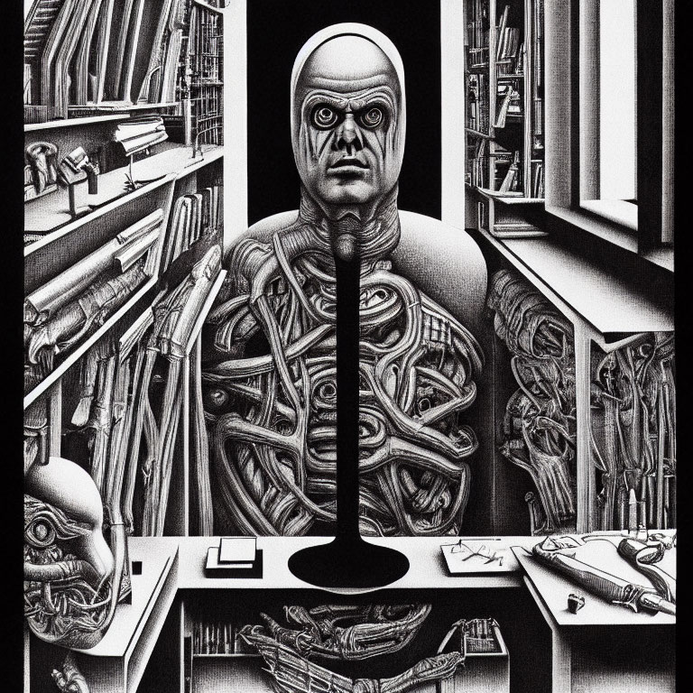 Monochromatic illustration of humanoid bust with exposed muscles against bookshelves and anatomical drawings