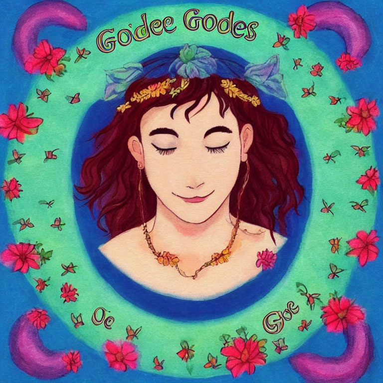 Person with flower crown, closed eyes, snake, and floral motifs in "Godee Godes