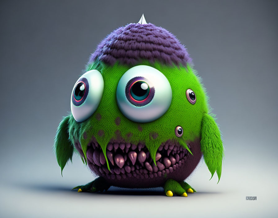 Colorful Round Monster with Large Eyes and Sharp Teeth