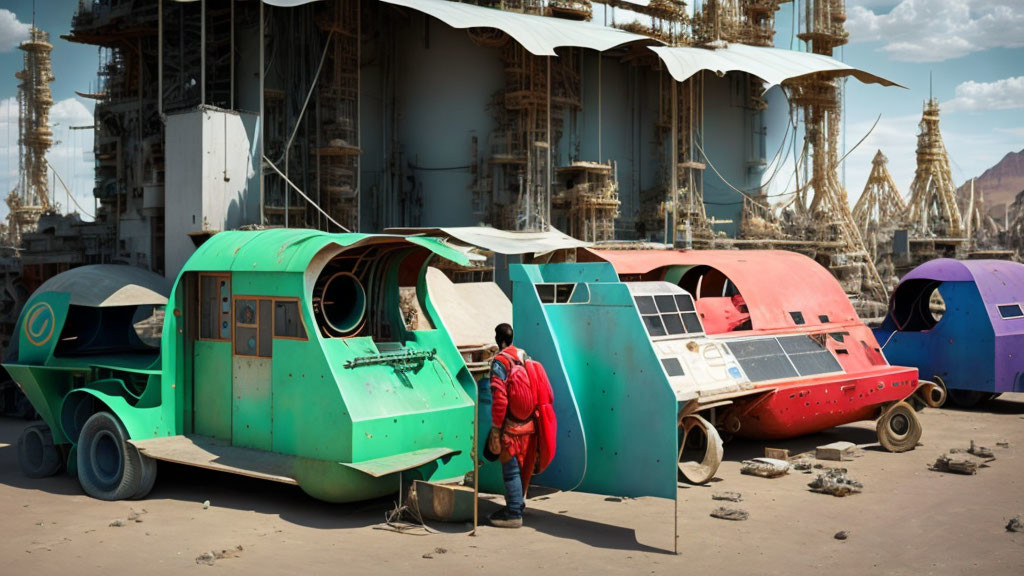 Person in Red Jacket by Colorful Shelters and Industrial Structures