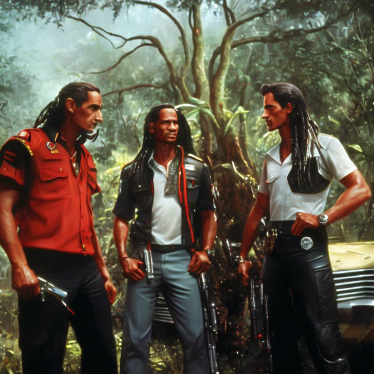 Three Men in Stylized Outfits Discuss in Lush Jungle Setting