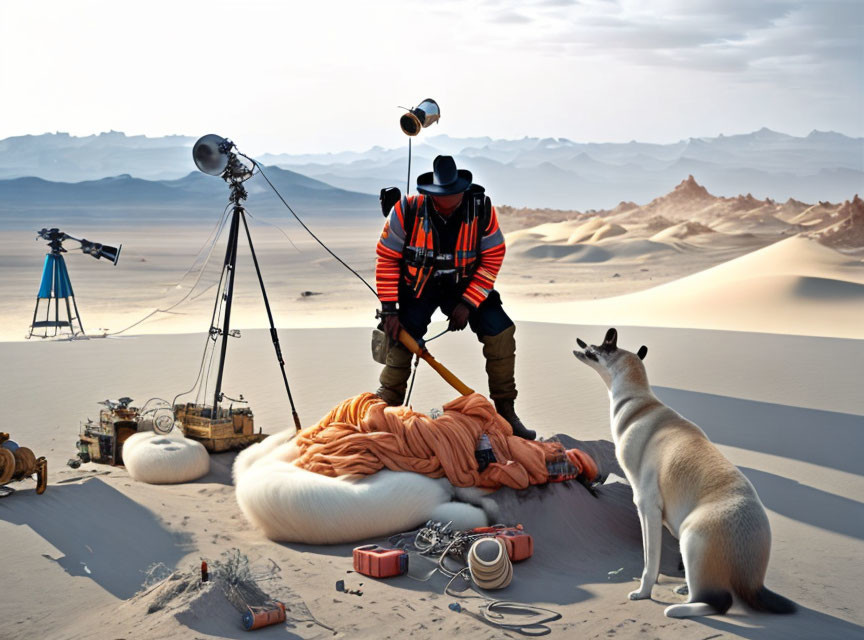 Person in Hat Kneeling by Bundle with Dog in Desert Film Set