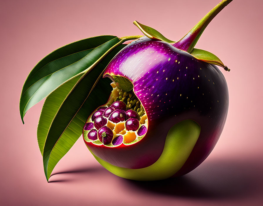 Surreal Eggplant with Pomegranate Interior on Pink Background