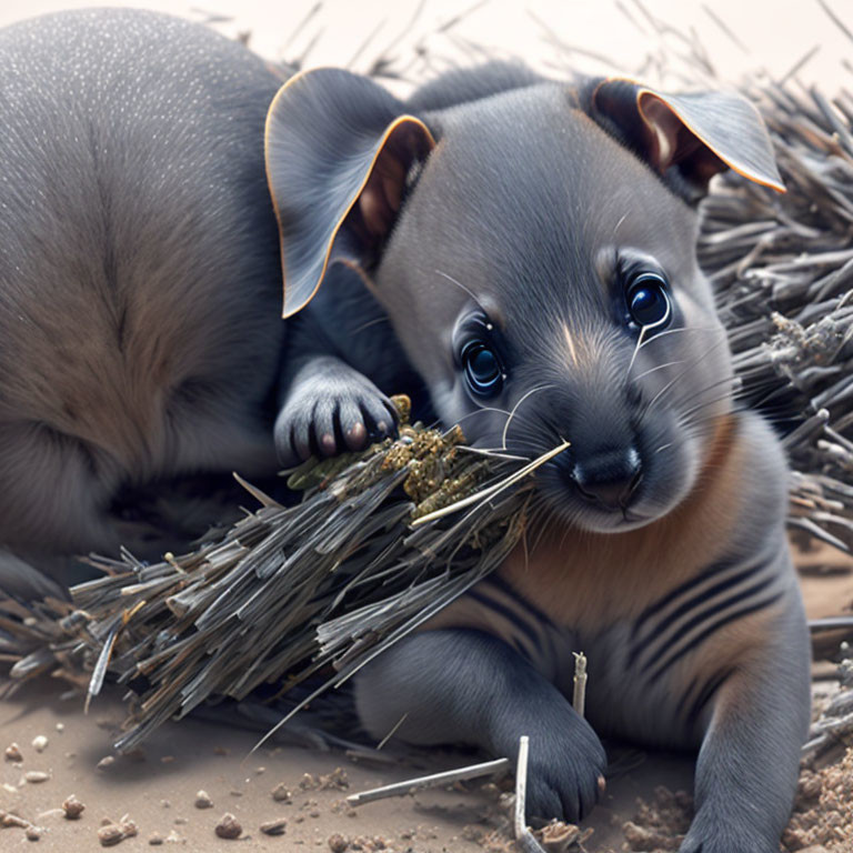 Whimsical creature with aardvark body and puppy face holding straw