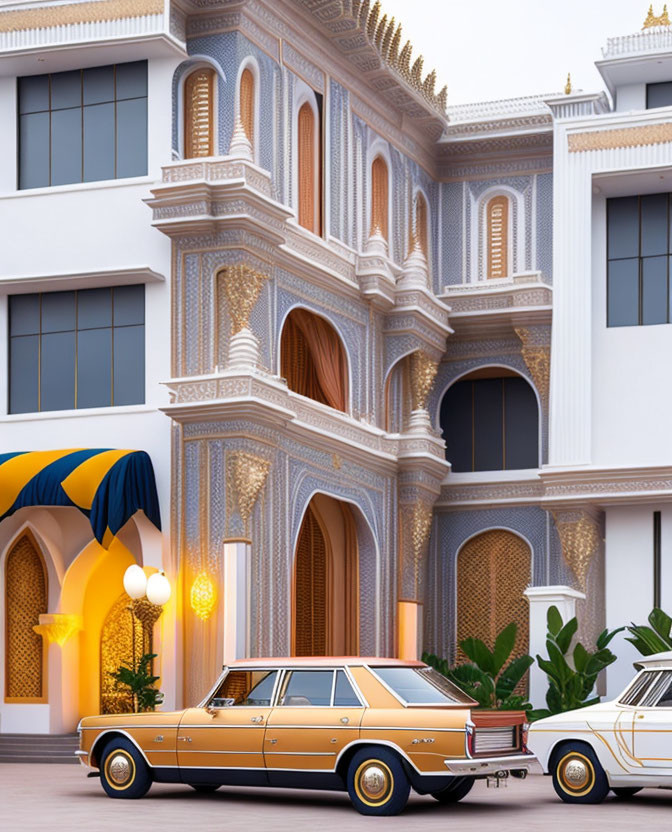 Vintage cars parked in front of ornate building with vibrant colors