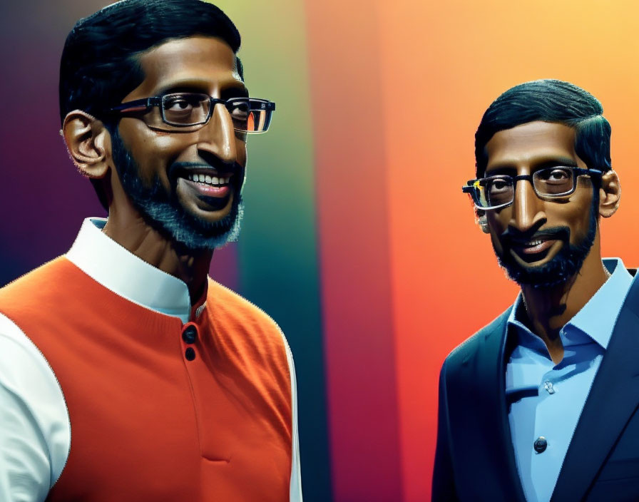 Two figures wearing glasses in orange and blue outfits on vibrant backdrop.