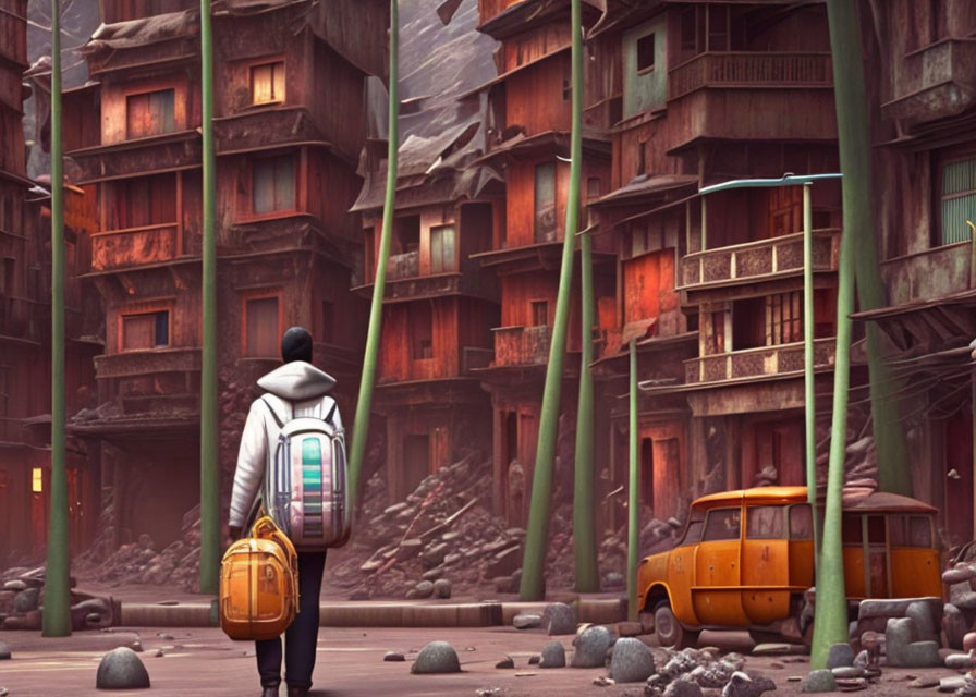 Person in white hoodie with yellow backpack walking towards row of dilapidated houses amidst bamboo and rusty vehicle