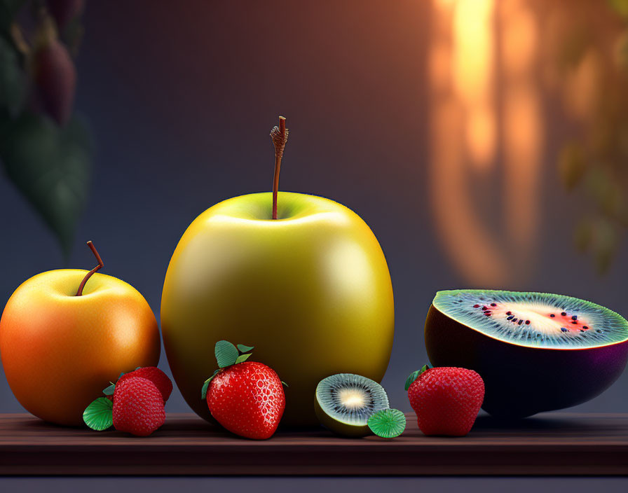 Assorted fruits - apples, strawberries, and kiwi on wooden surface