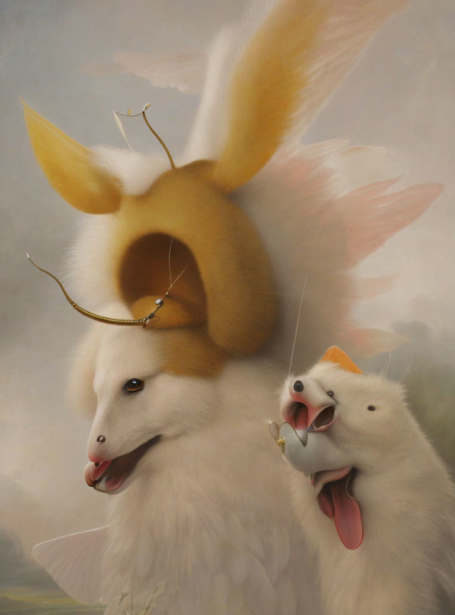 Surreal painting of white fox with three merging heads against cloudy sky