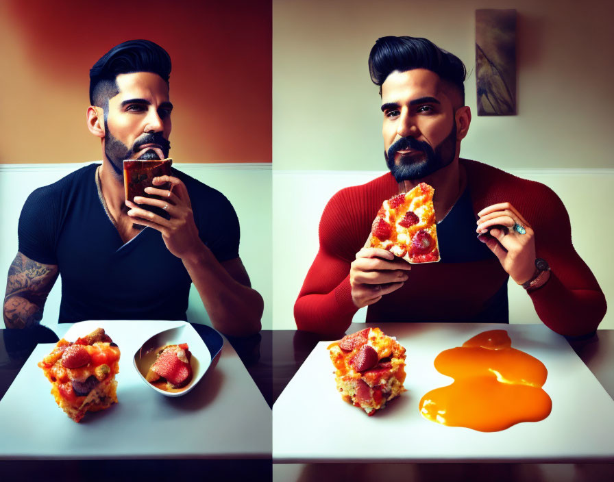 Split image of man in two outfits eating pizzas with strawberries and spilled sauce.