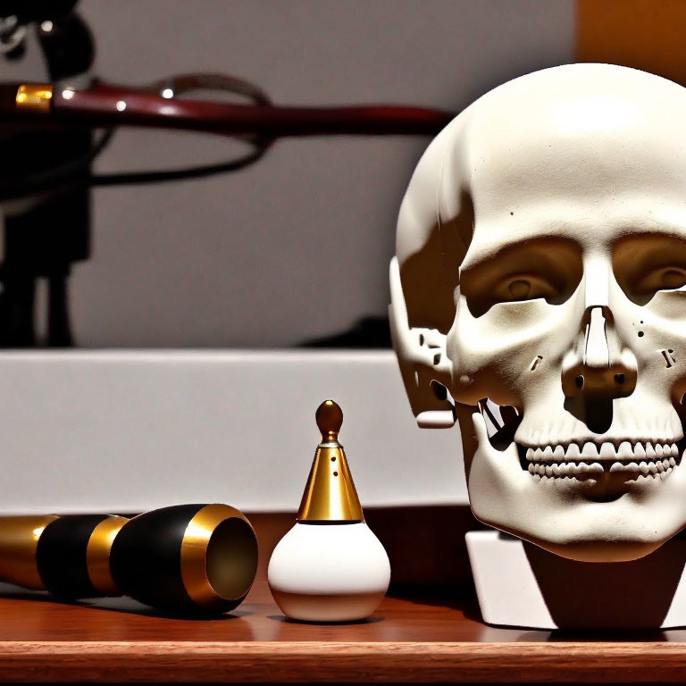 Human Skull Model with Cosmetics on Table