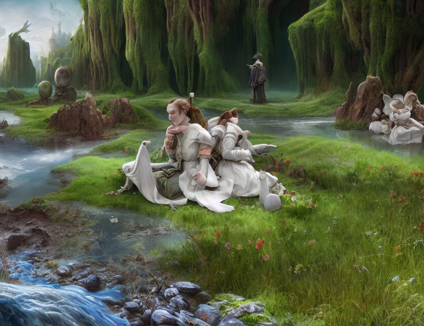 Tranquil fantasy landscape with woman, children, man, lush greenery