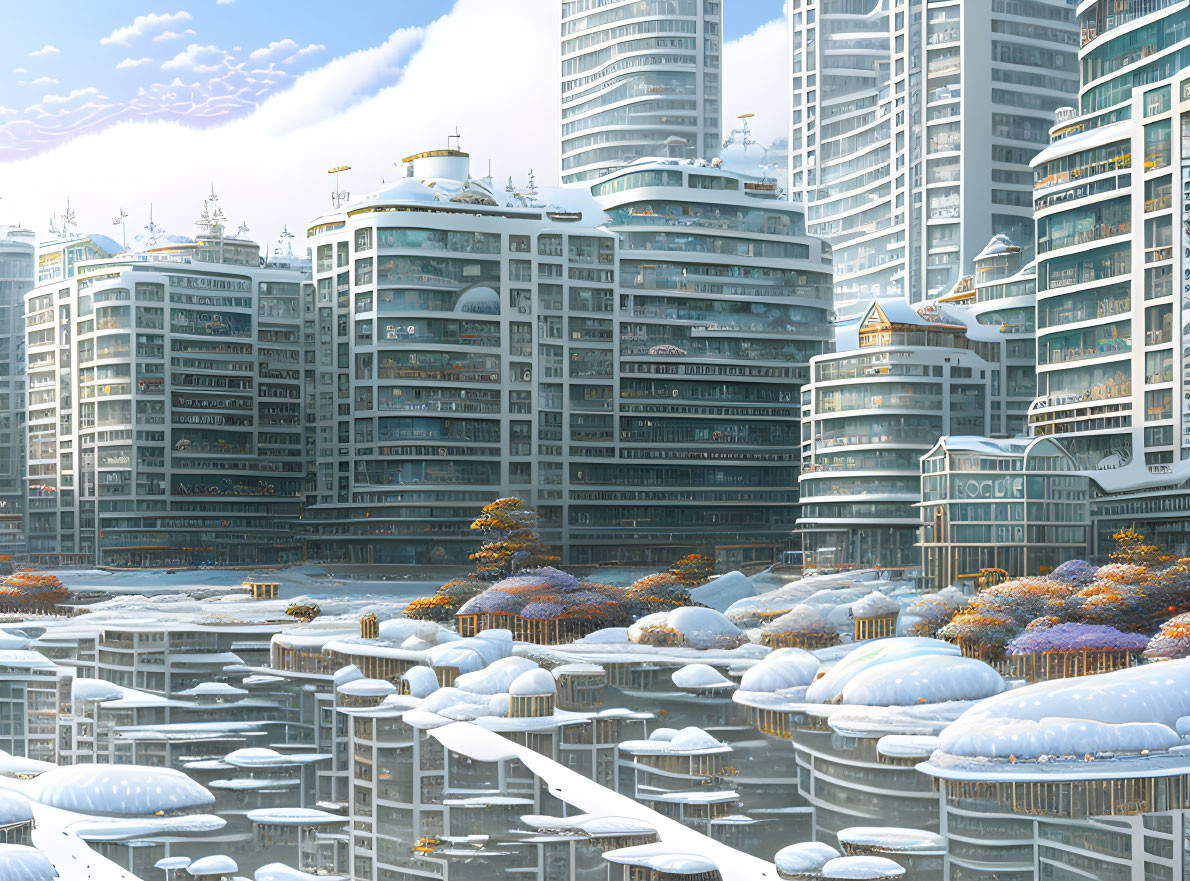 Snow-covered futuristic cityscape with modern buildings and police station in tranquil wintry setting