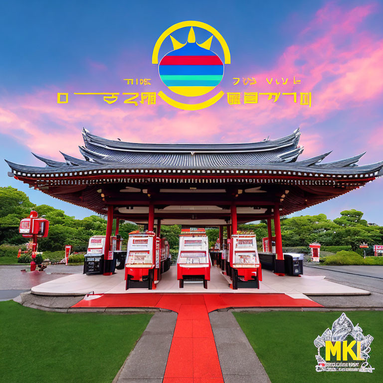 Traditional Japanese gate and red gas pumps under blue sky