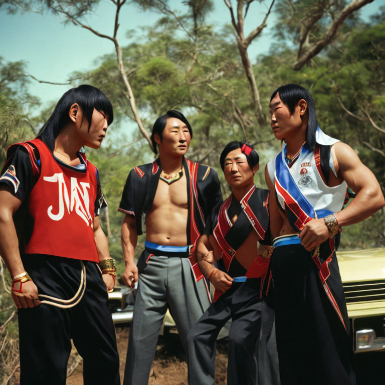 Four people in athletic wear pose next to a car with trees in the background