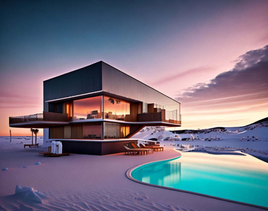 Contemporary angular house with large windows, warm interior lighting, snowy surroundings, and sunset sky reflections in