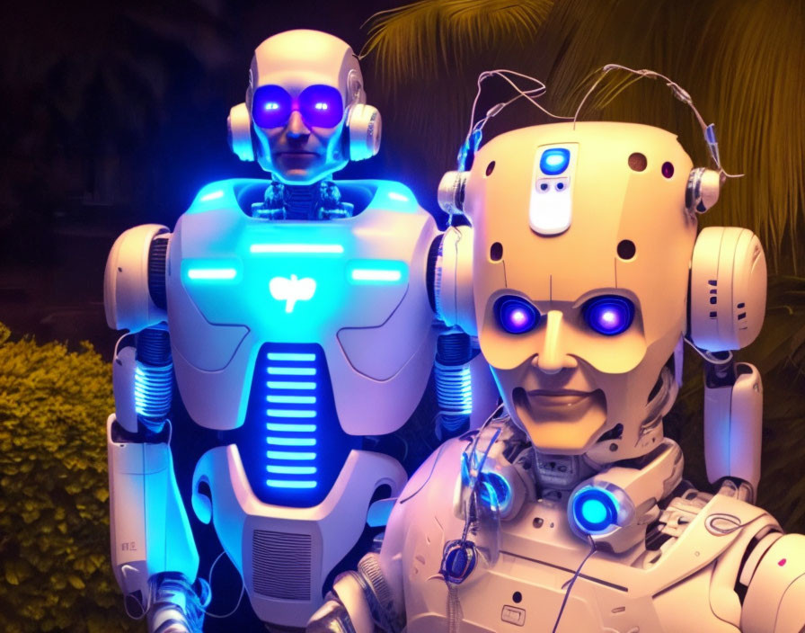 Humanoid robots with illuminated eyes and intricate wiring in dimly lit setting.