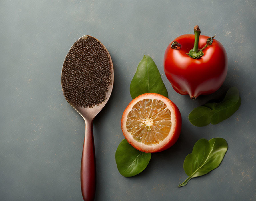 Wooden Spoon with Chia Seeds, Lemon, Tomato & Green Leaves on Grey Background