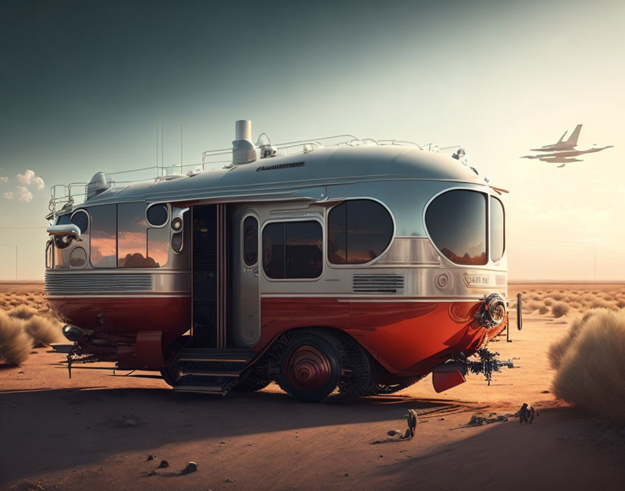 Silver and Red Retro-Futuristic Bus in Desert Landscape