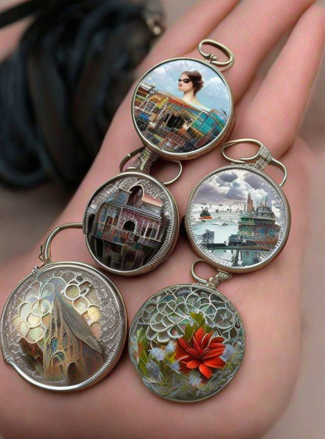 Five Ornate Round Pendants with Cityscapes, Portrait, and Floral Patterns