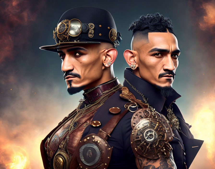 Men in Steampunk Attire with Mechanical Accessories on Fiery Background