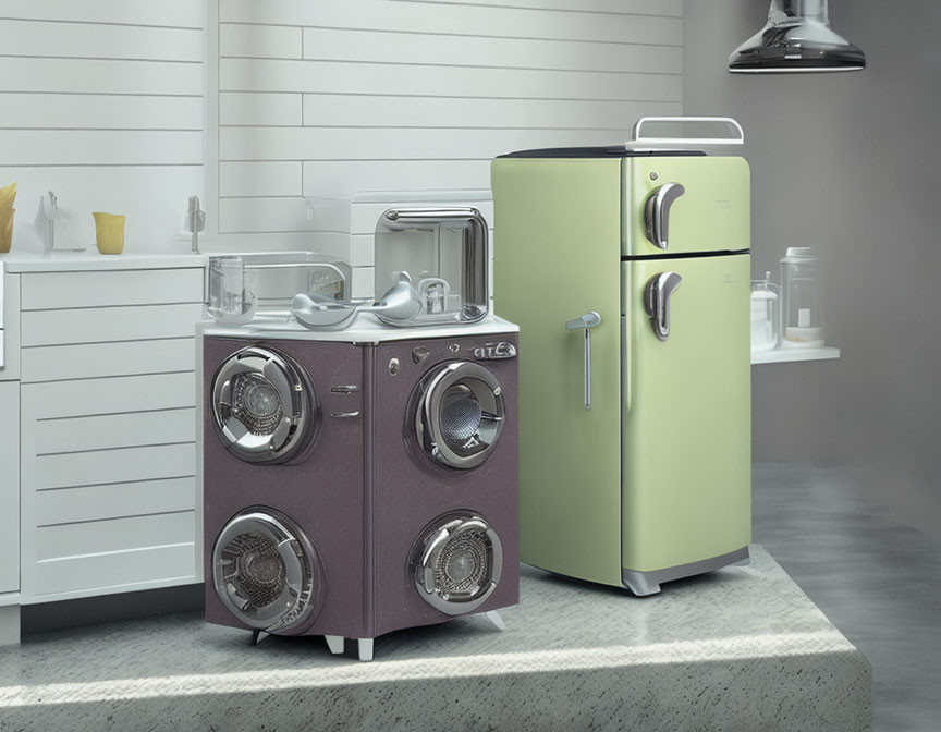 Vintage Kitchen with Green Refrigerator & Purple Washing Machines