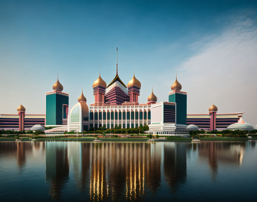 Grand palace with domes and spires mirrored in tranquil water