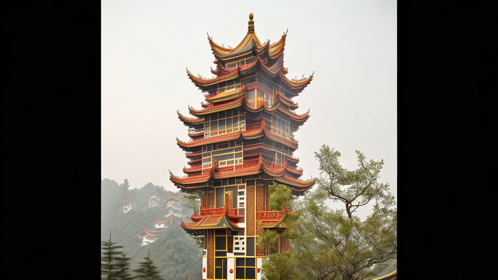 Traditional Chinese Pagoda with Red and Gold Accents in Hazy Sky