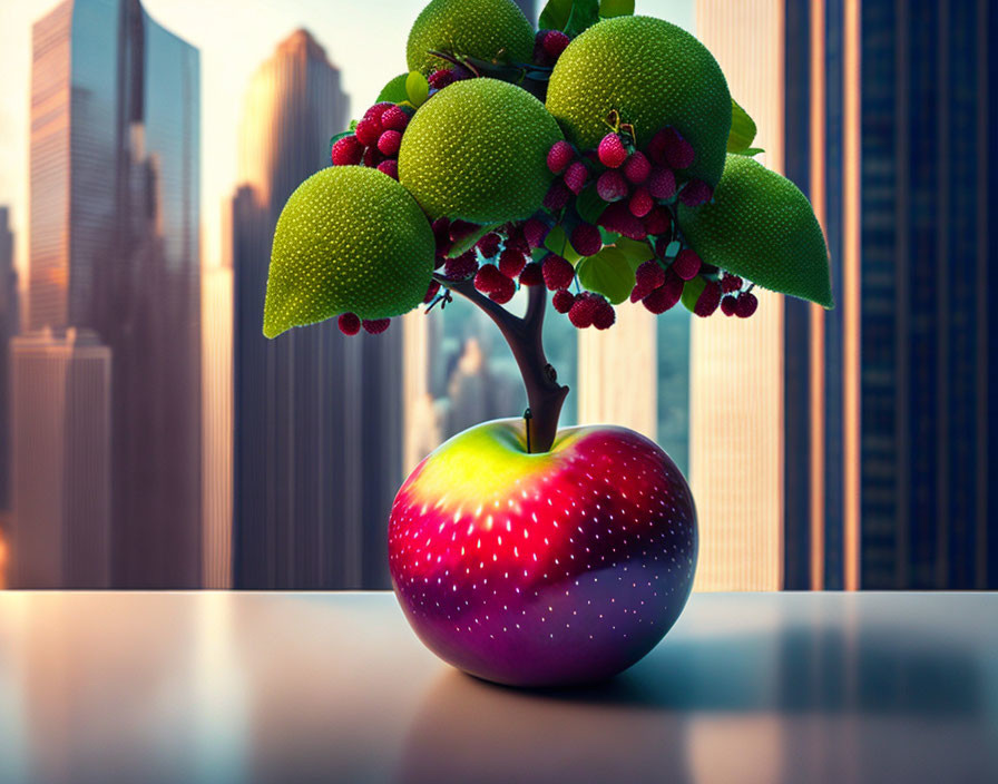 Multicolored apple tree with ripe fruits against city skyline at dusk