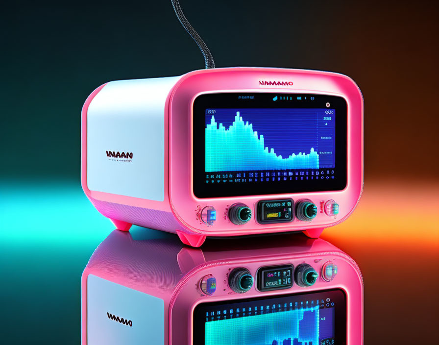 Pink Retro-Style Digital Radio with Futuristic Display & Vibrant Background