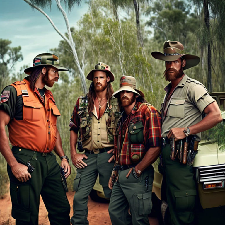 Four bearded men in outdoor gear pose confidently by green vehicle in bushland.