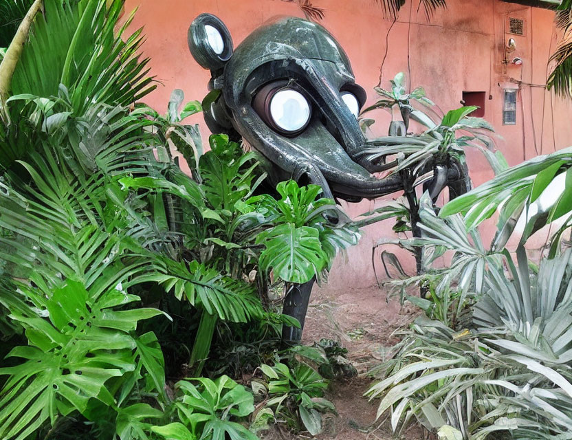 Metal crocodile head sculpture in lush tropical garden.