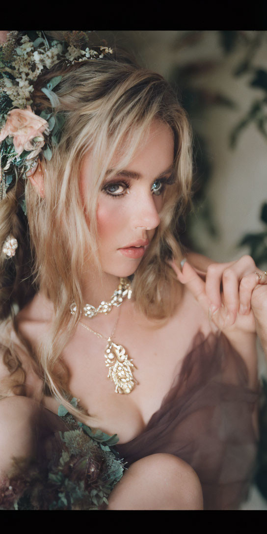 Vintage necklace woman with floral hair and brown sheer dress poses thoughtfully