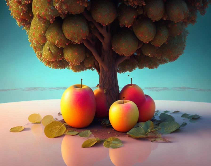 Whimsical oversized apples under lush tree on turquoise backdrop