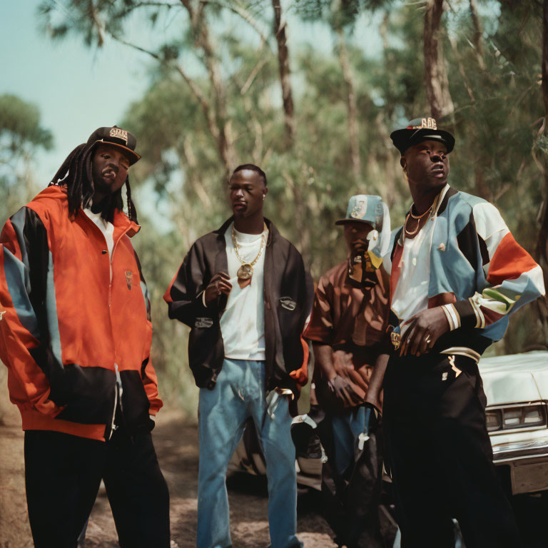 Fashionable group in forest with vintage car and streetwear