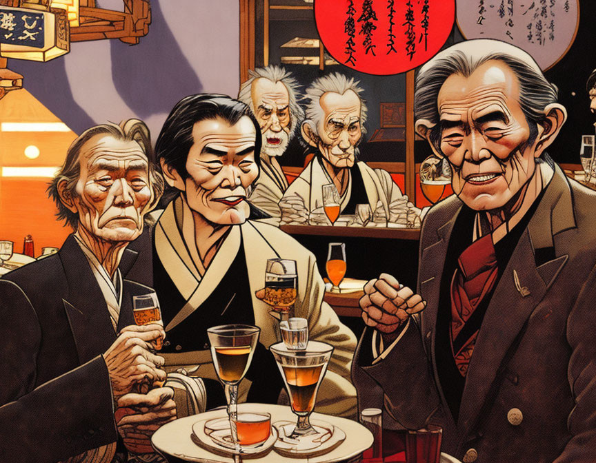 Elderly men socializing at a Japanese bar with traditional decor