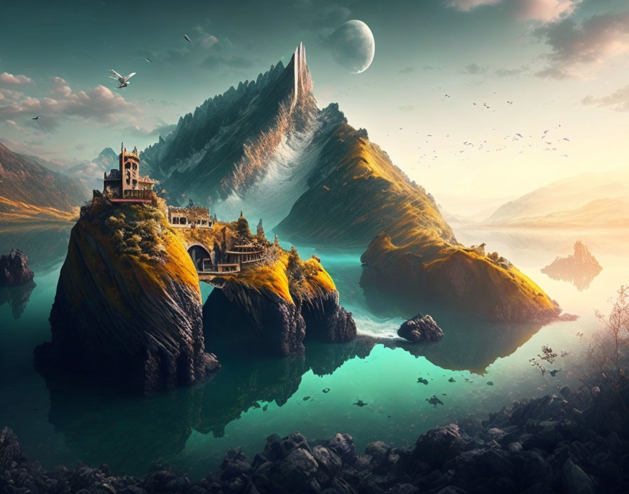 Fantasy landscape with towering mountains, castle, sea, moon, and dramatic sky