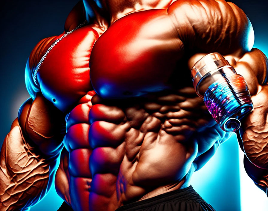 Muscular individual in red and blue lighting with boxing gloves and chiseled torso.