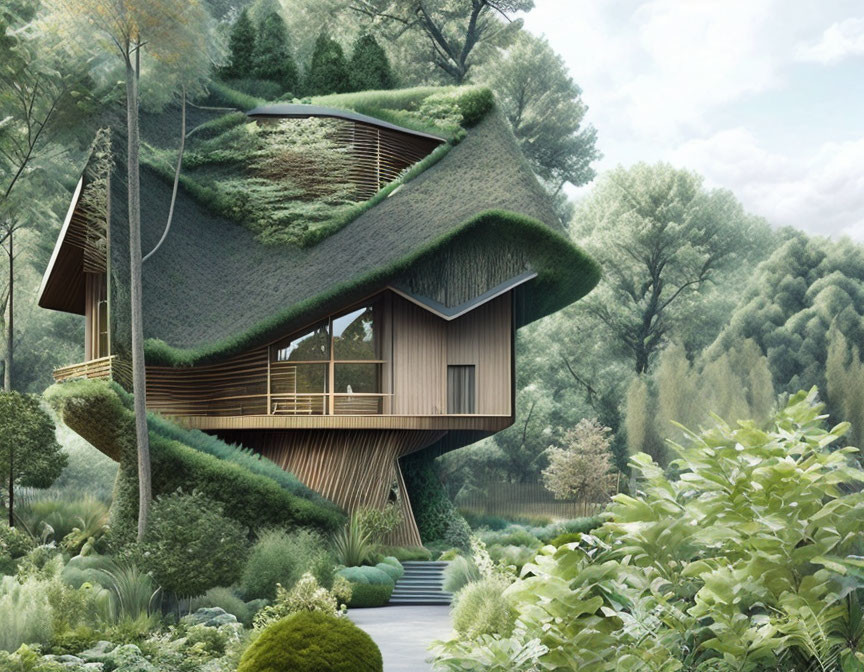 Eco-Friendly House: Green Roof, Wooden Exteriors, Glass Windows in Forest