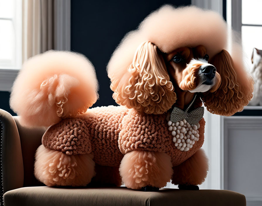 Fluffy apricot poodle on chair with pearl necklace