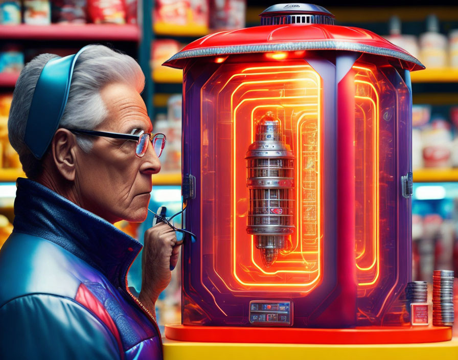 Elderly woman with glasses and headband exploring futuristic red jukebox indoors