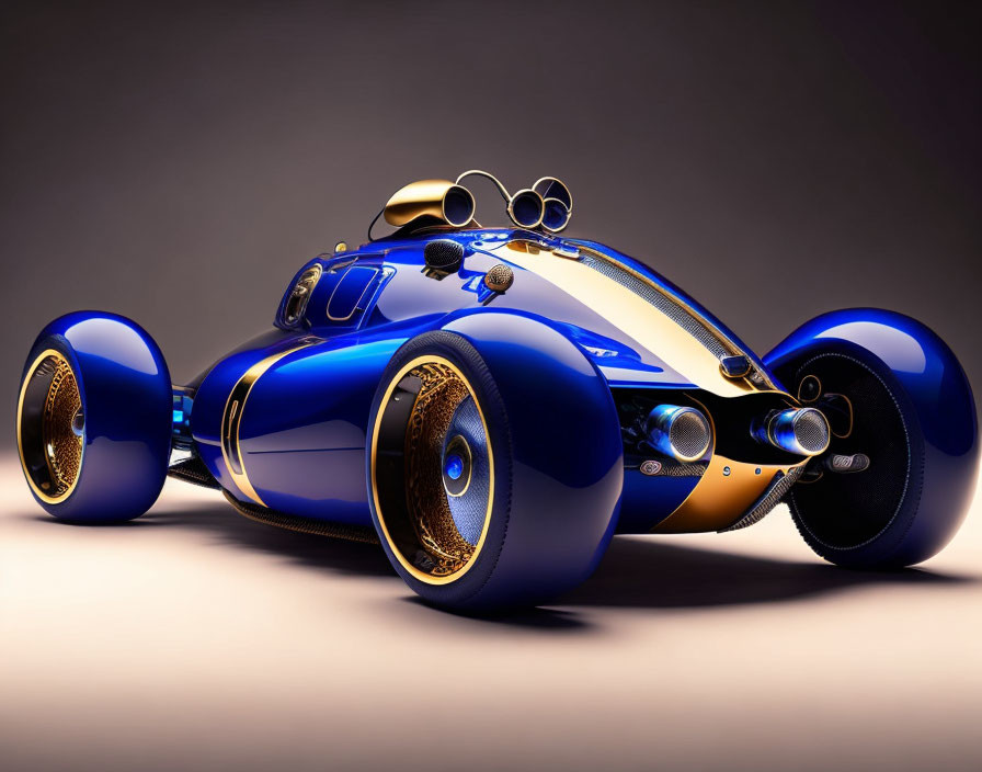 Futuristic blue hot rod with oversized wheels on gradient background