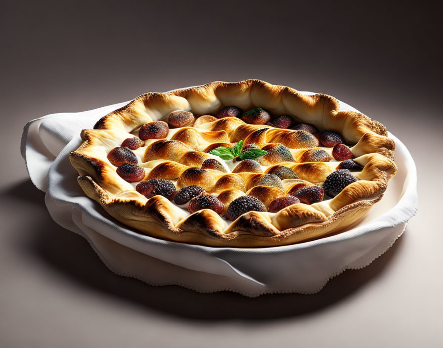 Golden-crusted blackberry fruit pie in white dish with mint leaf