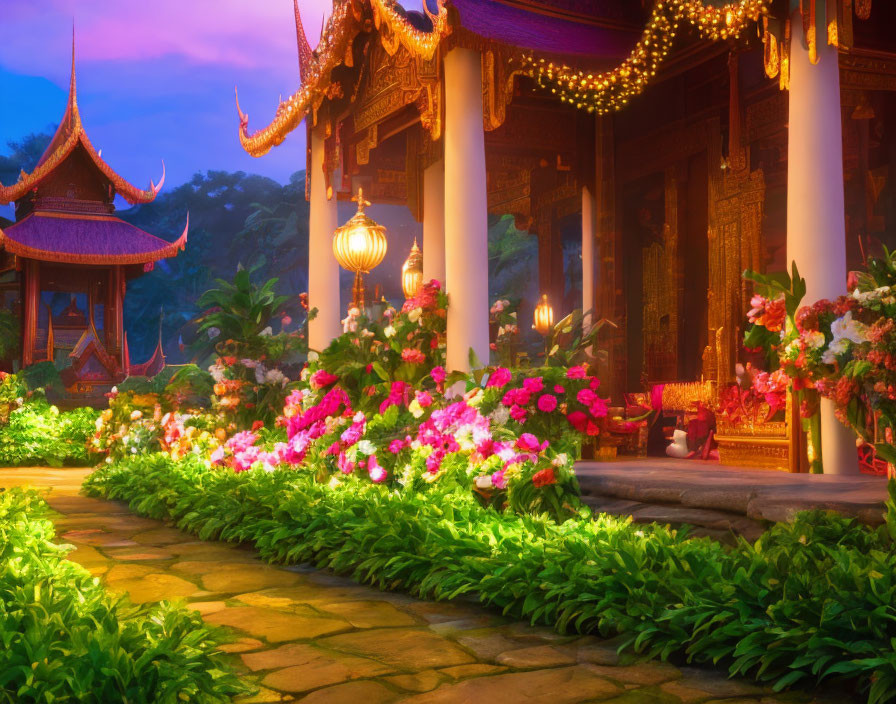 Traditional Asian Temple Illuminated at Dusk with Flowers, Lanterns & Greenery