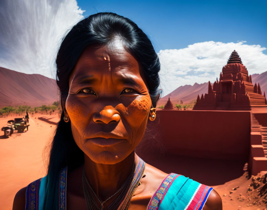 Traditional face markings woman in desert with temple and motorcycles