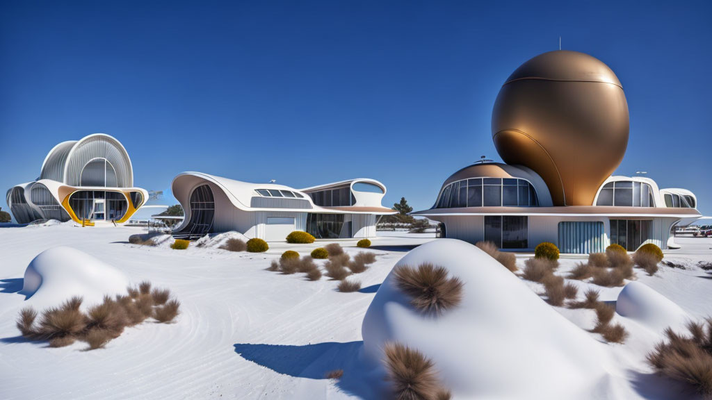 Modern white domed architecture in snowy landscape against blue sky