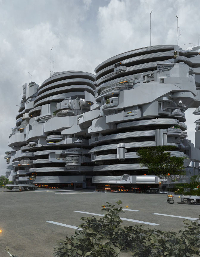 Spiral futuristic multi-level parking structure with parked vehicles