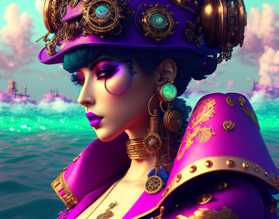 Vibrant Blue Woman in Steampunk Attire on Dreamy Seascape