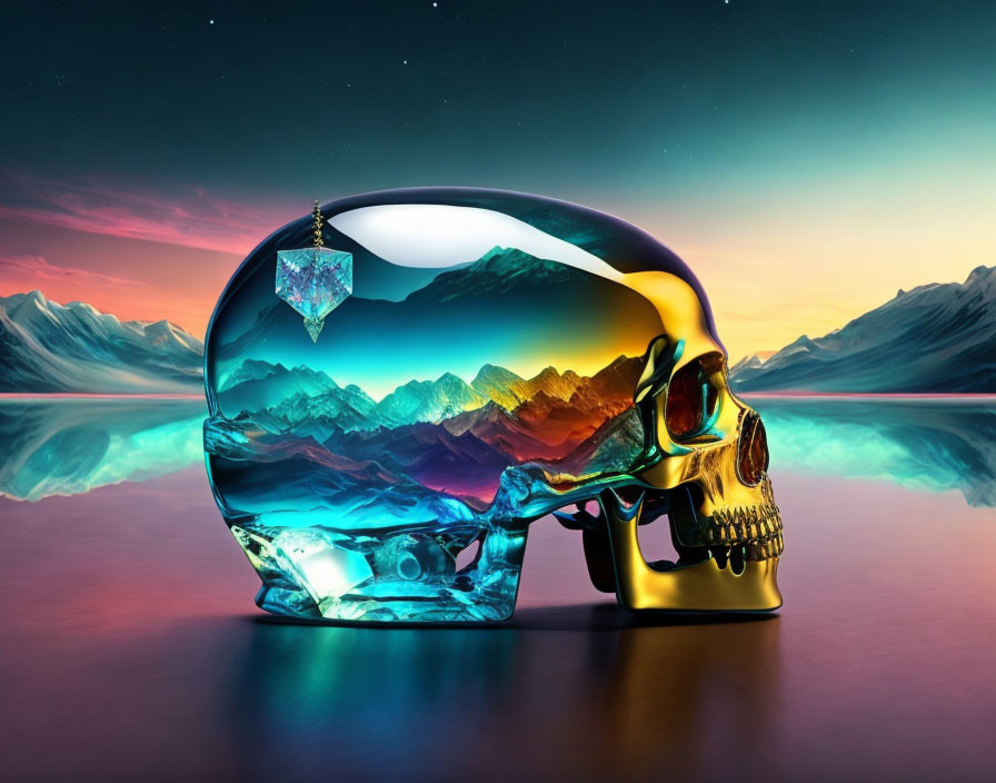 Translucent skull with mountain landscape and floating crystal